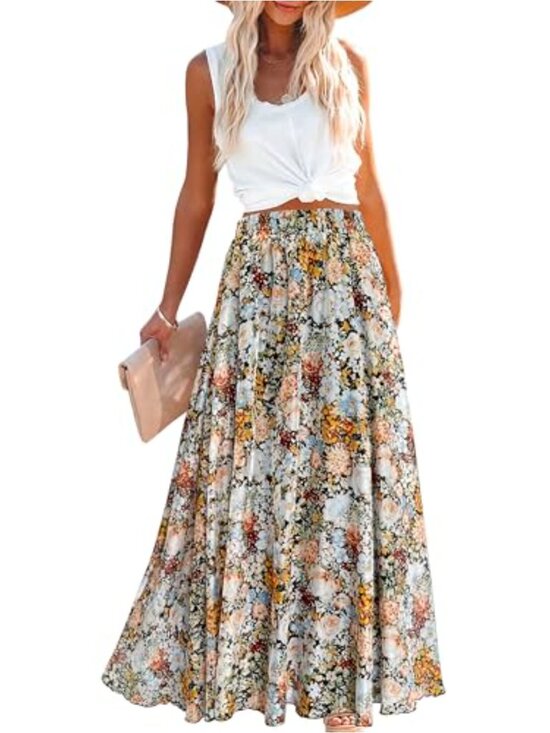 Dresses & Skirts - Afibi Women Floral Print Pleated Vintage Chiffon Long Maxi Skirt